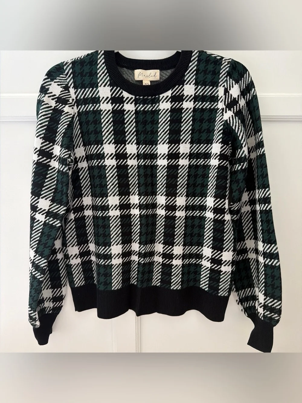 Black, Green and White Plaid Crewneck Sweater